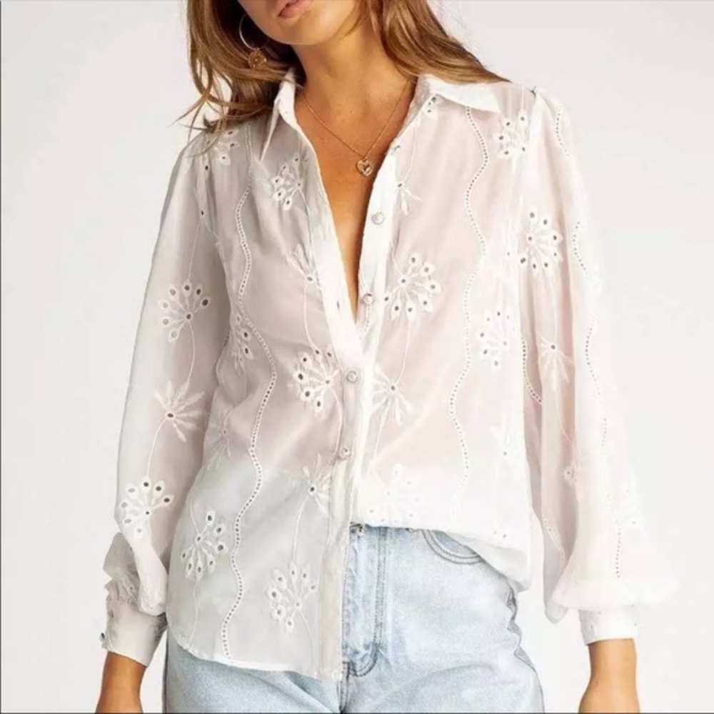 Boho embroidered eyelet button up Blouse White - Picture 6 of 11